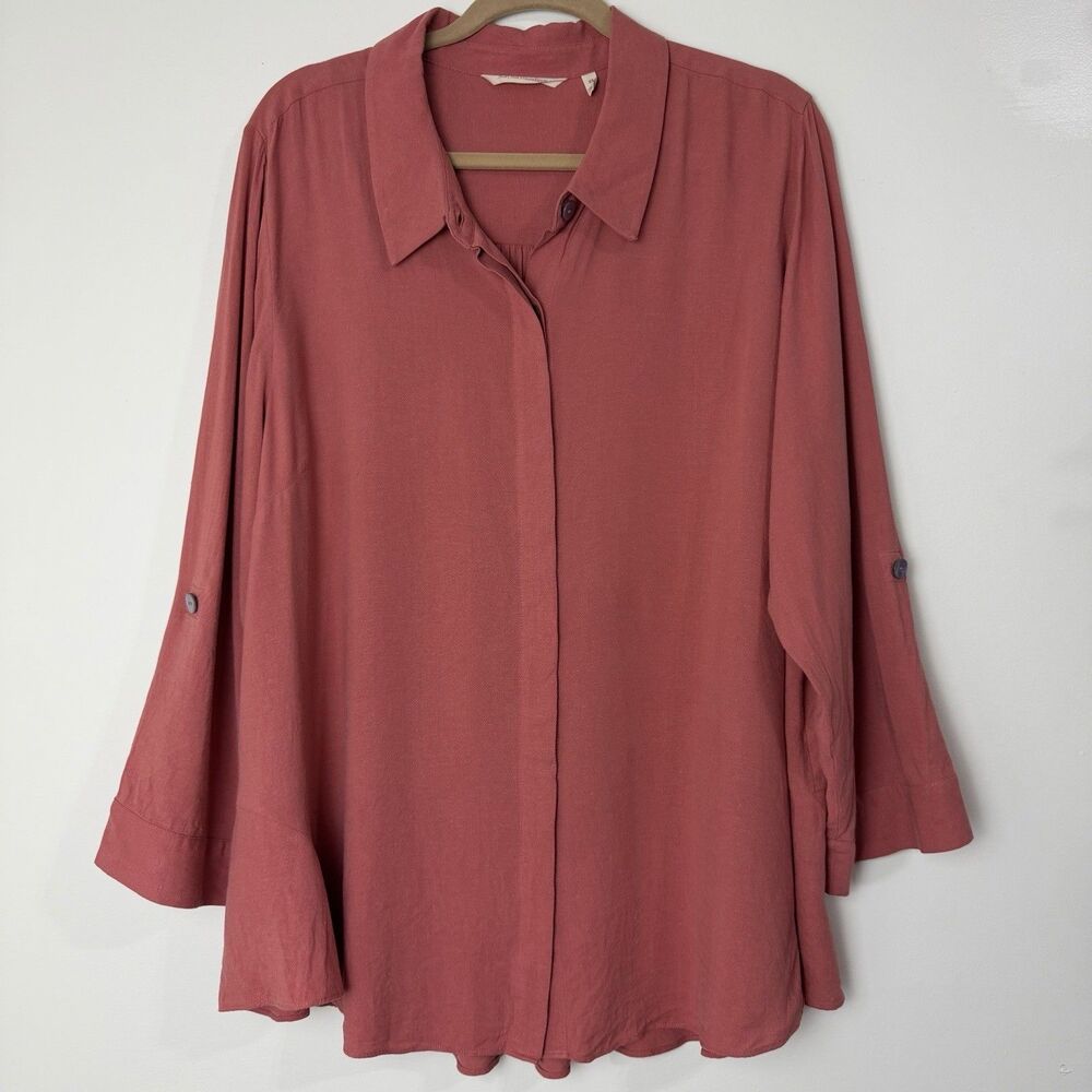 Soft Surroundings Button Up Blouse Shirt Roll Tab Sleeves Mauve Pink Women’s 2X